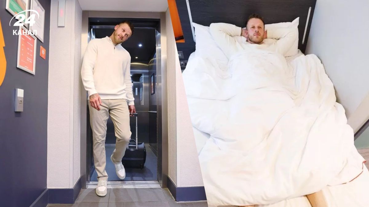 Тео Джеймс зі зростом 2,13 метра тестує крихітний номер у готелі Тео Джеймс зі зростом 2,13 метра тестує крихітний номер у готелі